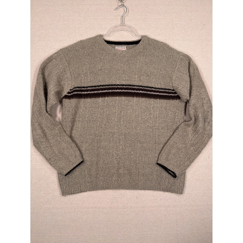 Arizona Jean Company Mens Large Crewneck Sweater Tan Ribbed Knit Striped Chest